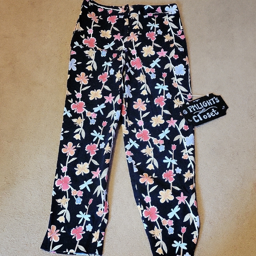 Talbots Black Floral Pants 8 Stretch Dragonflies Butterflies